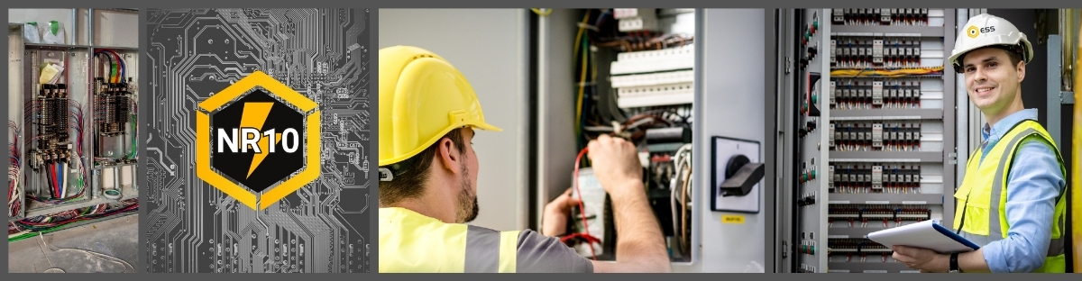 Montagem com quadro elétrico, sinalização de risco e profissional com EPI realizando inspeção NR-10.