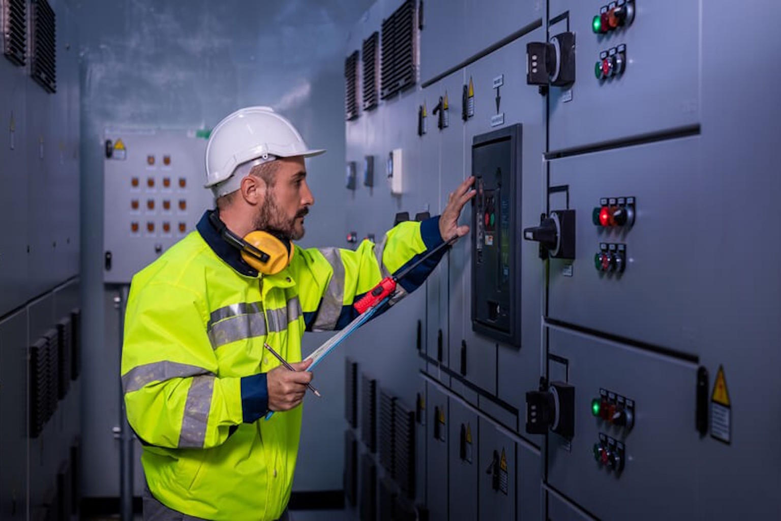 Ilustração de profissional com roupa de alta visibilidade inspecionando um painel elétrico industrial.