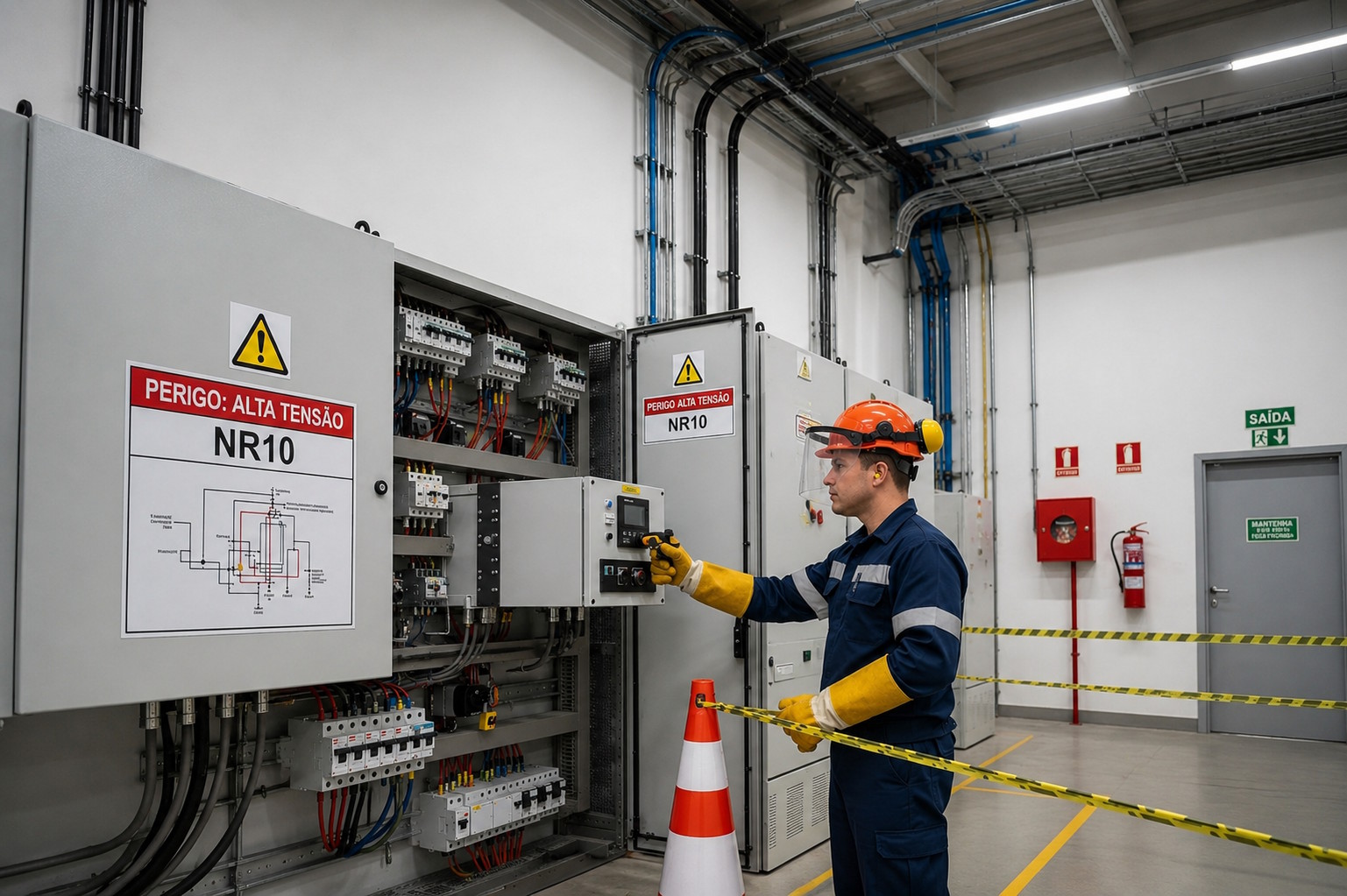 Técnico com EPI inspeciona quadro elétrico NR-10 em área isolada e sinalizada.