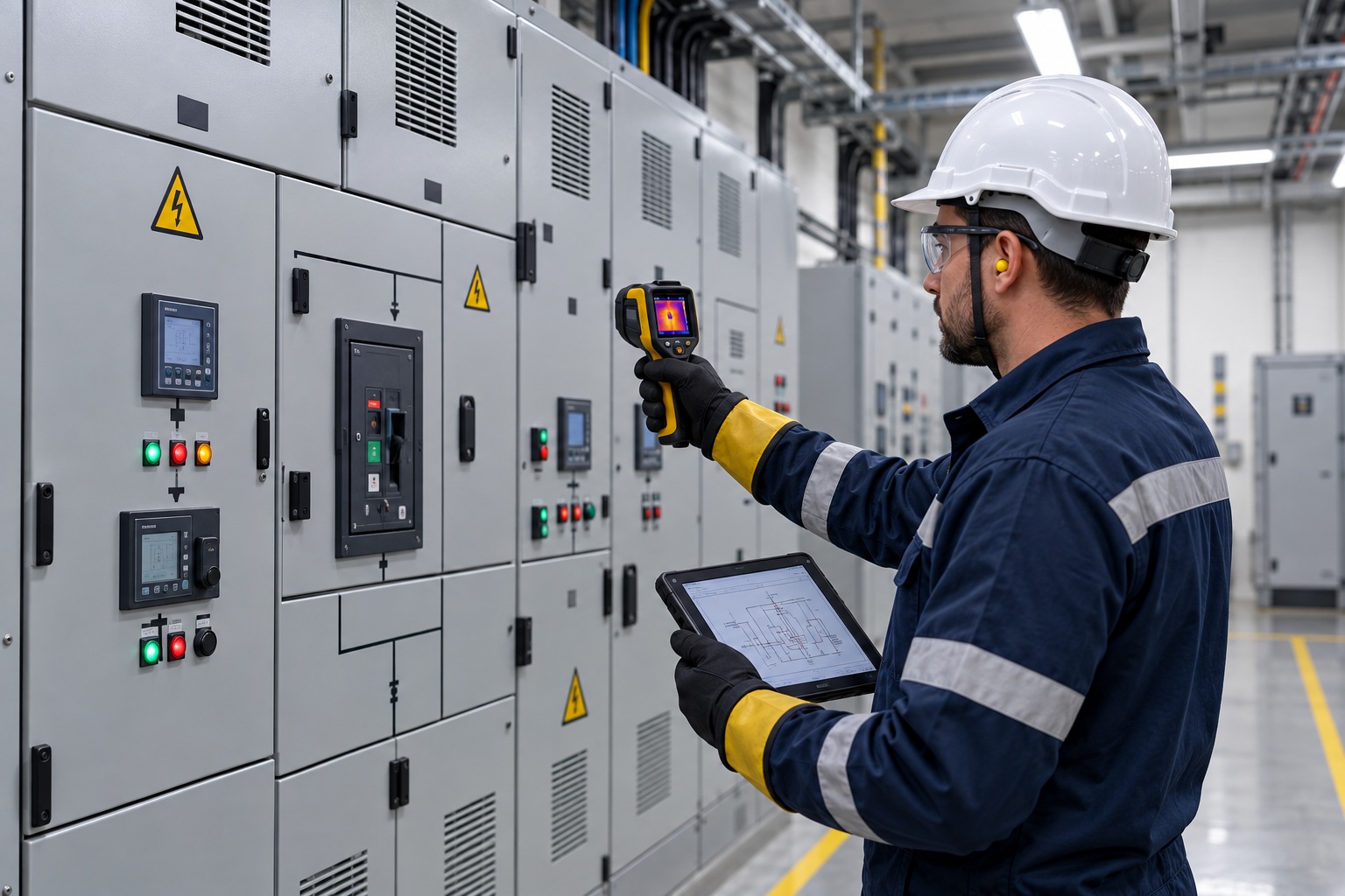 Profissional com EPI usa câmera termográfica para inspecionar painel elétrico enquanto consulta um diagrama no tablet.
